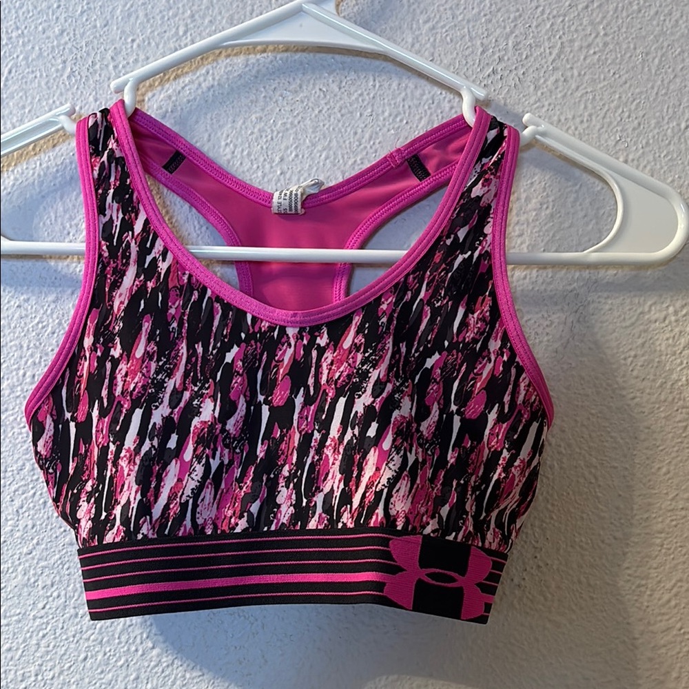 Under Armour Pink and Black Sports Bra with Racerback Design